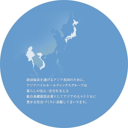 経済成長を遂げるアジア各国のために、アジアパイルホールディングスグループは暮らしの安心・安全を支える総合基礎建設企業としてアジアの人々とともに豊かな社会づくりに貢献してまいります。